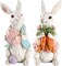 Easter Bunny Figurines Set of 2 - Hand-Painted Resin Rabbit Decorations with Carrots and Easter Egg (White)